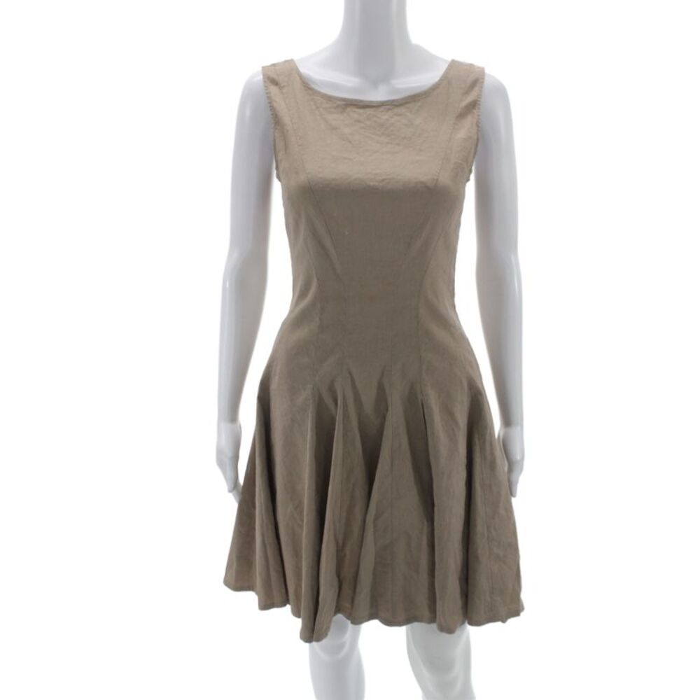 Theory Womens Fit & Flare Beige Linen Scoop Neck Sleeveless Dress Zip Size 4
